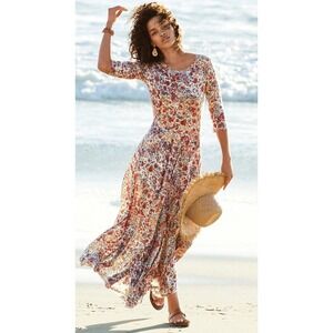 Peruvian Connection Tivoli Floral Print Cotton Maxi Dress 3/4 Sleeve Size Large